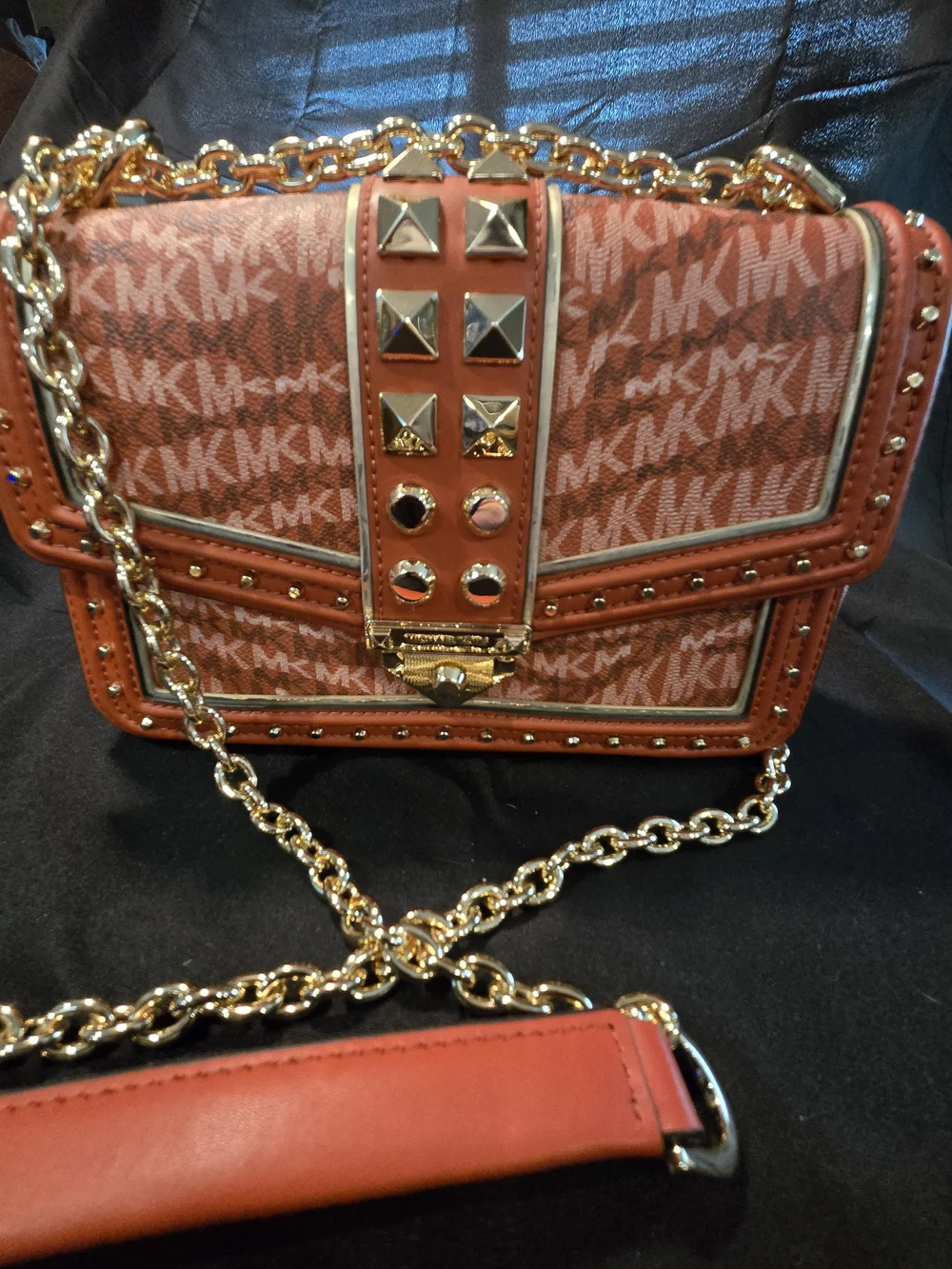 Michael Kors Orange Logo Studded Chain Crossbody Bag